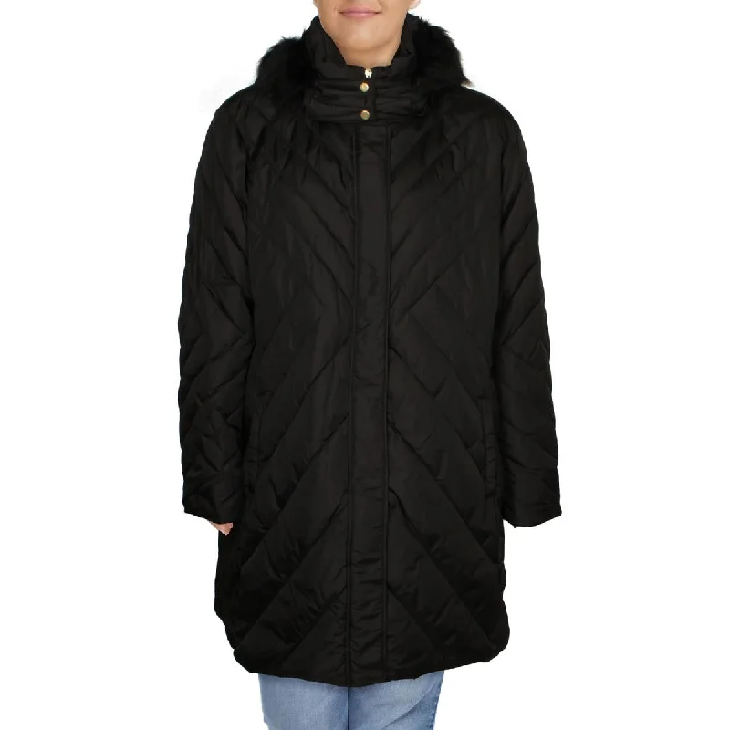 Larry Levine Women's Plus Size Quilted Puffer Coat with Faux Fur Trim Hood