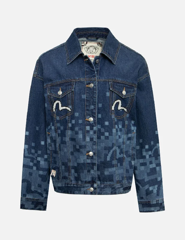 Pixel Seagull Embroidery and Print Oversized Denim Jacket