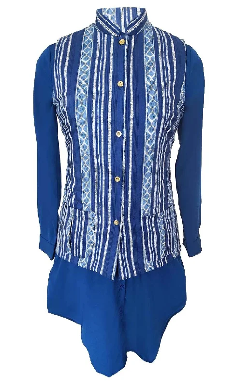 Basic Light Sky Blue Printed Waist Coat Style Jacket With Contrasted Tunic