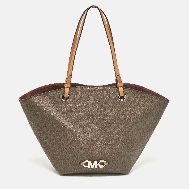 Michael Kors Dark Brown Signature Coated Canvas And Leather Izzy Tote