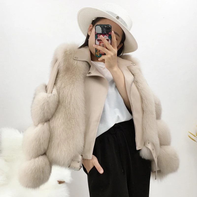 Women's Winter Real Fox Fur Genuine Sheepskin Leather Beige Color Jacket