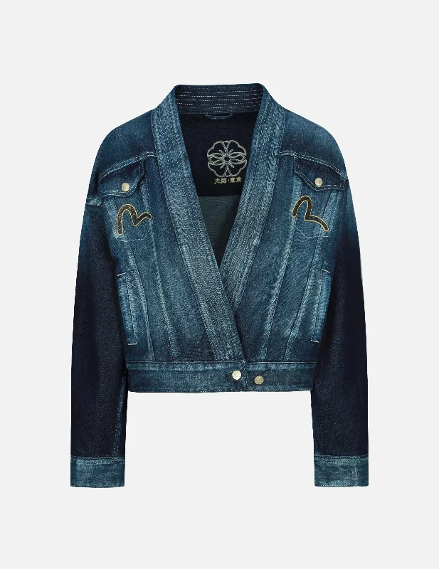 Brocade-pattern Seagull and Kamon Appliqué Denim Kimono Jacket