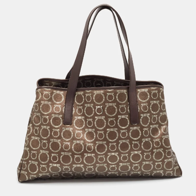 Salvatore Ferragamo Brown/silver Gancini Printed Coated Canvas And Leather Zip Tote