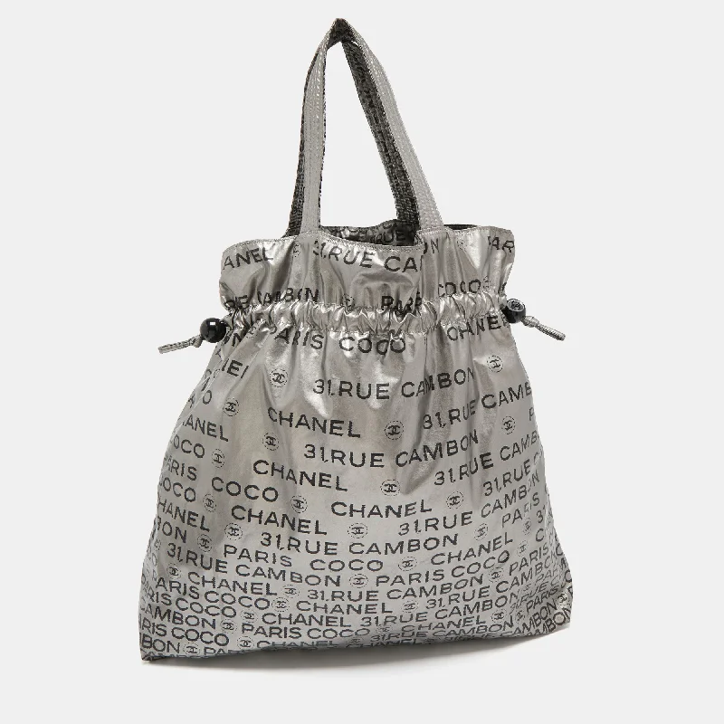 Chanel Silver Coated Nylon 31 Rue Cambon Graphic Drawstring Tote