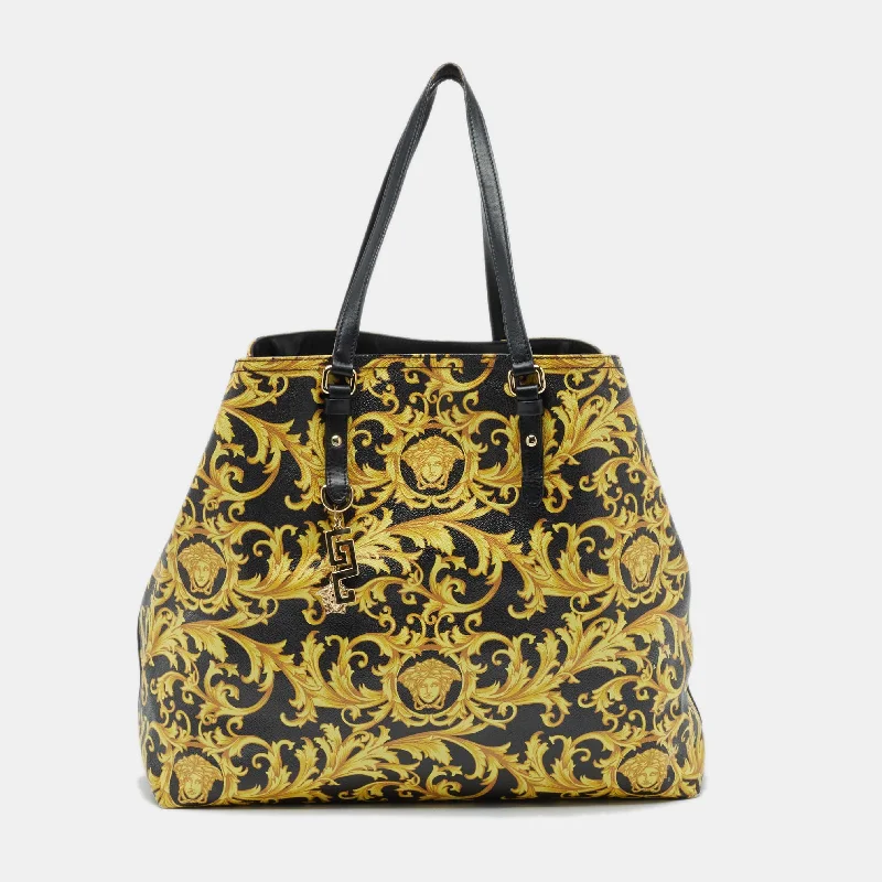 Versace Black/yellow Barocco Print Coated Canvas Shopper Tote