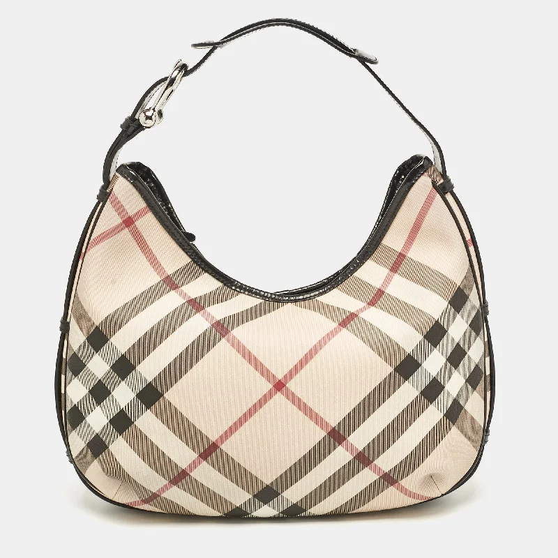 Burberry Black/beige Nova Check Coated Canvas And Patent Leather Barton Hobo