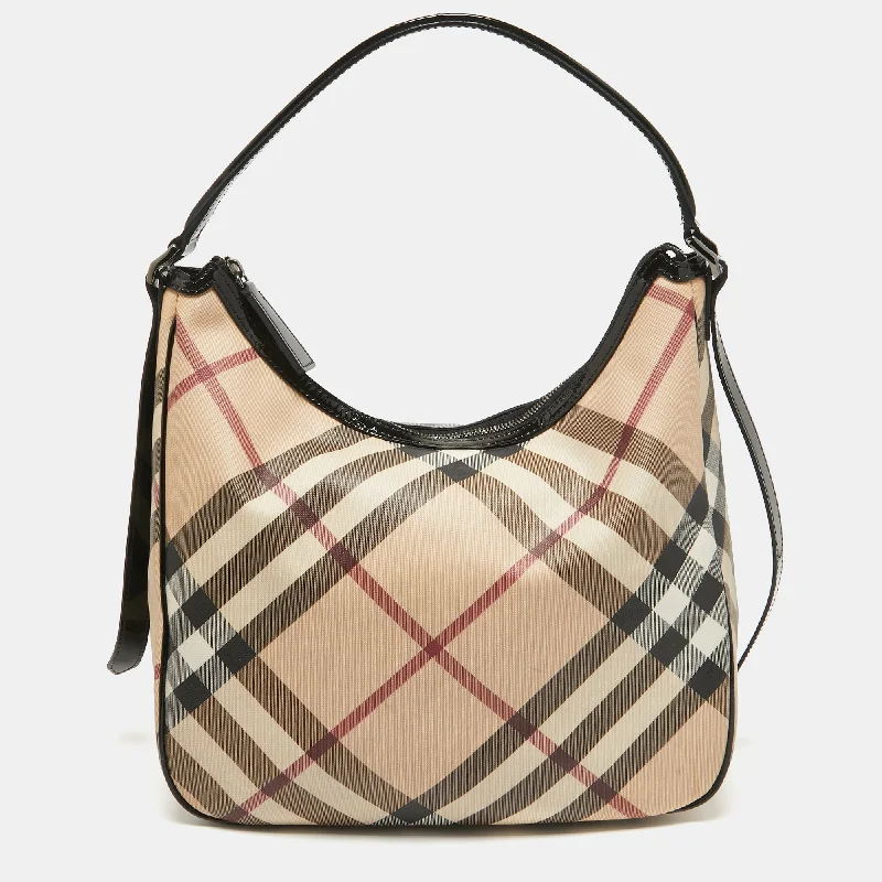 Burberry Black/beige Nova Check Coated Canvas And Patent Leather Moore Hobo