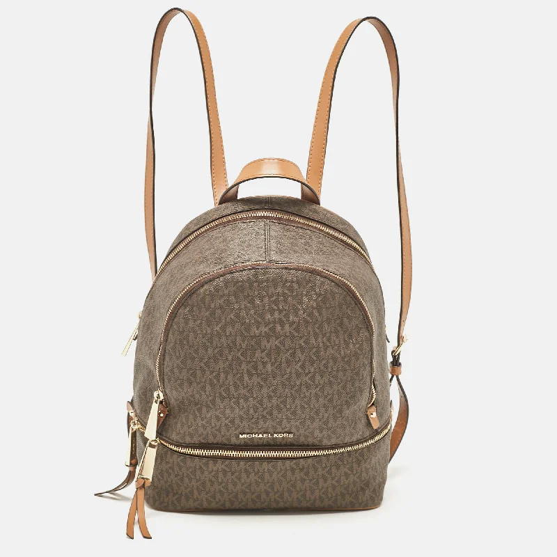 Michael Kors Brown Signature Coated Canvas And Leather Medium Rhea Backpack