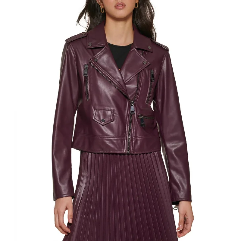 DKNY Womens Faux Leather Short Motorcycle Jacket