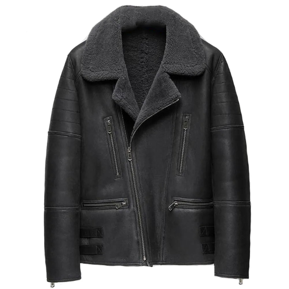 Men's Charcoal Gray Color Shearling Sheepskin Leather Turn-down Collar Jacket