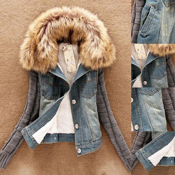 Quality Winter Wear Slim Fit Fleece Fur Collar Denim Women’s Jacket