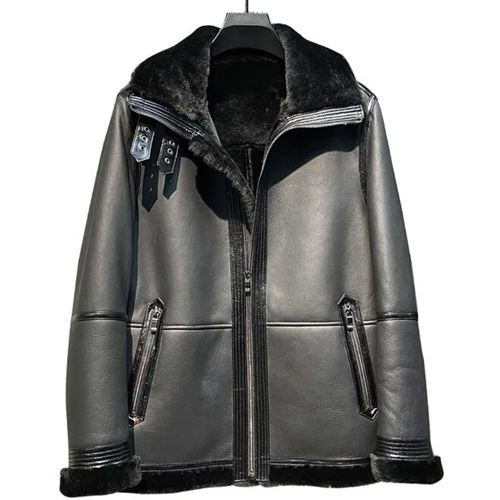 Casual Turn-down Fur Collar Shearling Sheepskin Leather Jacket for Men