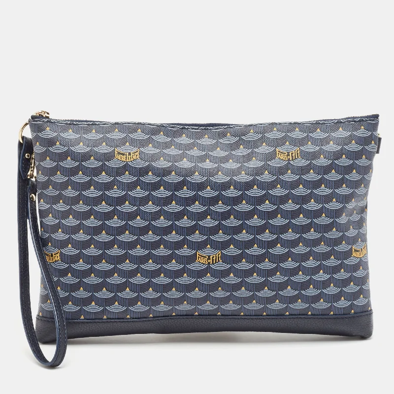 Faure Le Page Navy Blue Coated Canvas And Leather Wristlet Clutch