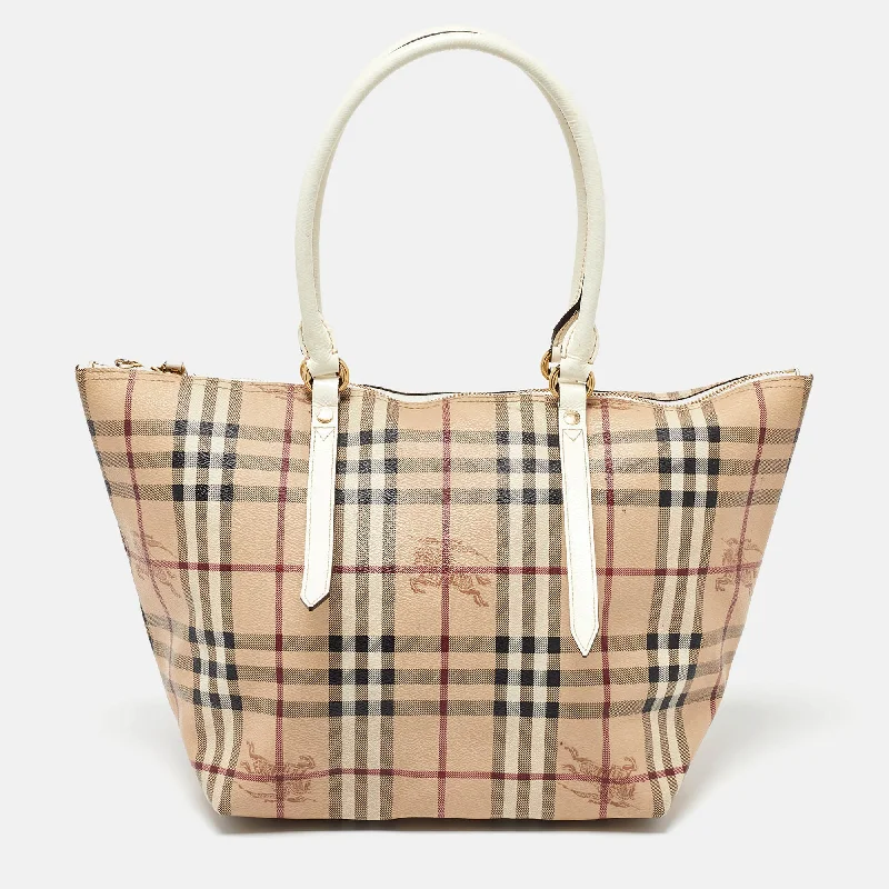 Burberry Beige/white Haymarket Check Coated Canvas And Patent Leather Salisbury Tote