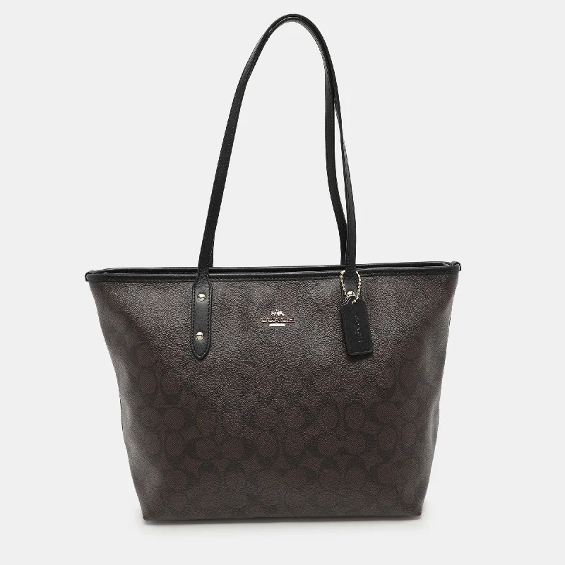 Coach Black/brown Signature Coated Canvas And Leather City Zip Tote