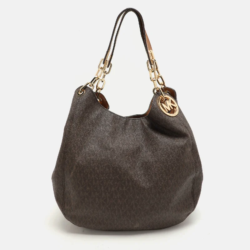 Michael Kors Dark Brown Signature Coated Canvas And Leather Fulton Hobo