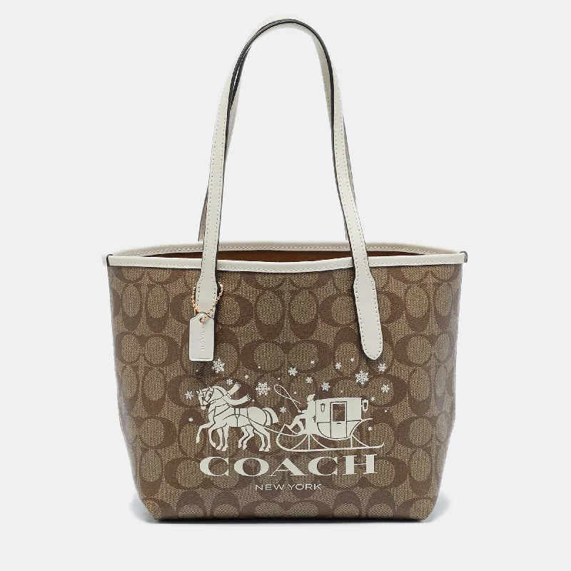 Coach Beige/white Signature Coated Canvas And Leather Mini City Tote