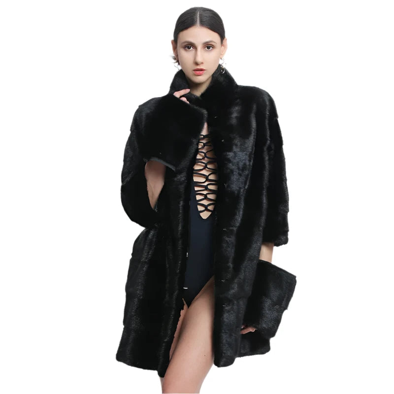 Women's Russian Black Winter Thick Warm Full Pelt Real Mink Fur Coat