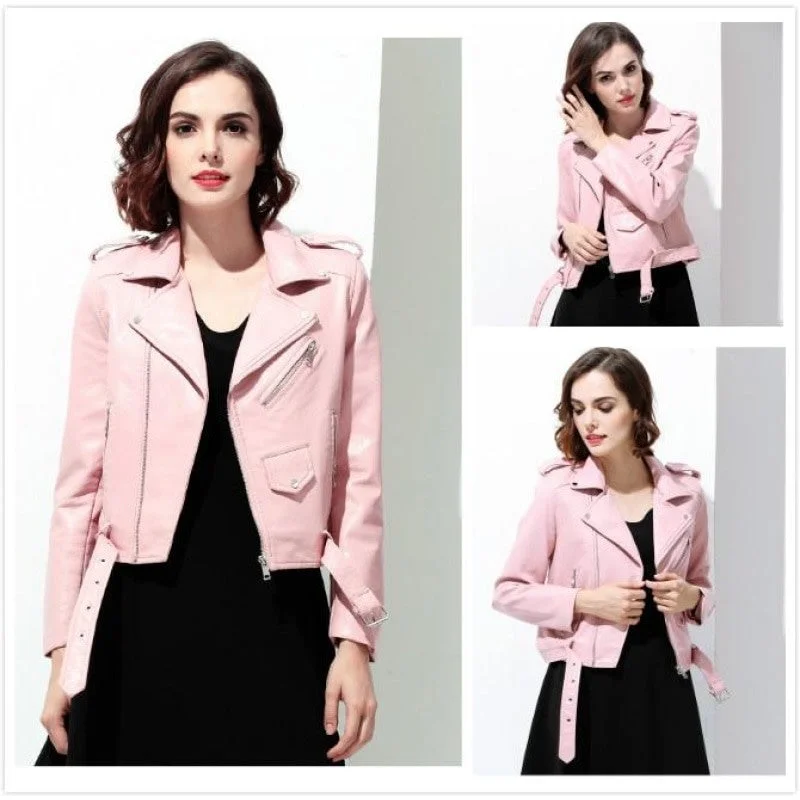 Soft Pink Synthetic Leather Punk Motorcycle Coat and Jacket for Lady Bomber