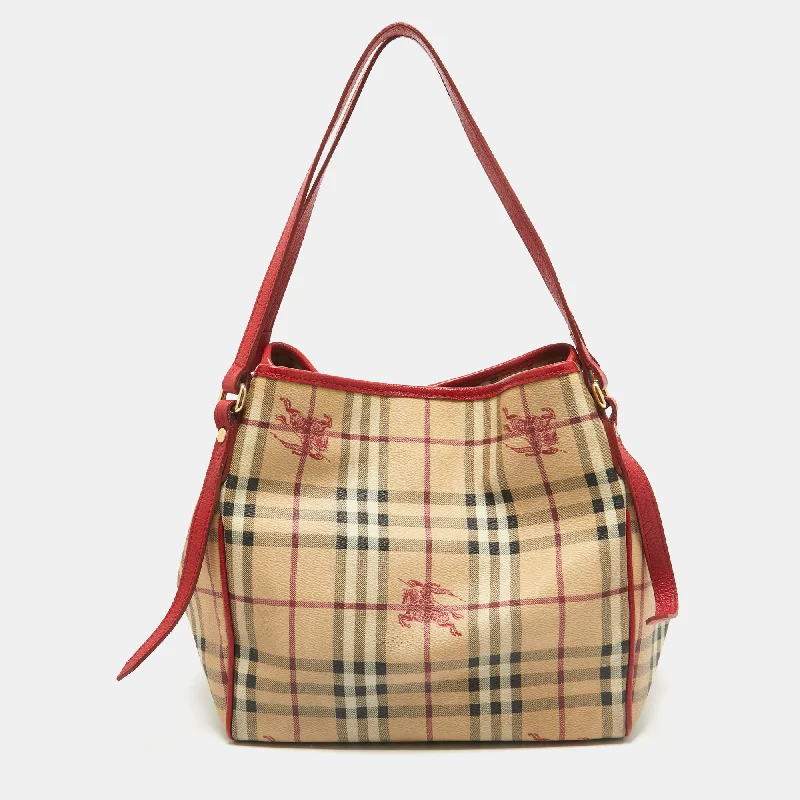 Burberry Red/beige Haymarket Coated Canvas And Leather Canterbury Tote