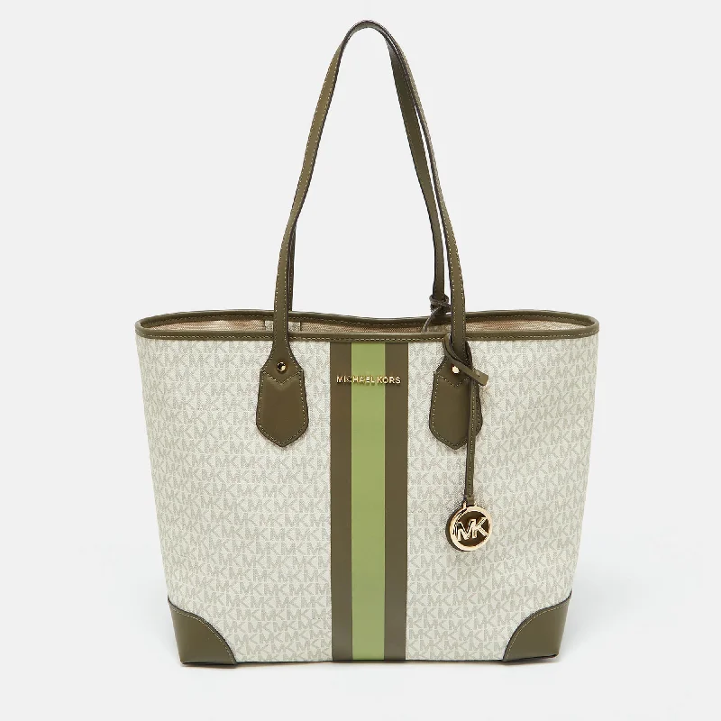 Michael Kors White/green Signature Coated Canvas And Leather Large Jet Set Tote