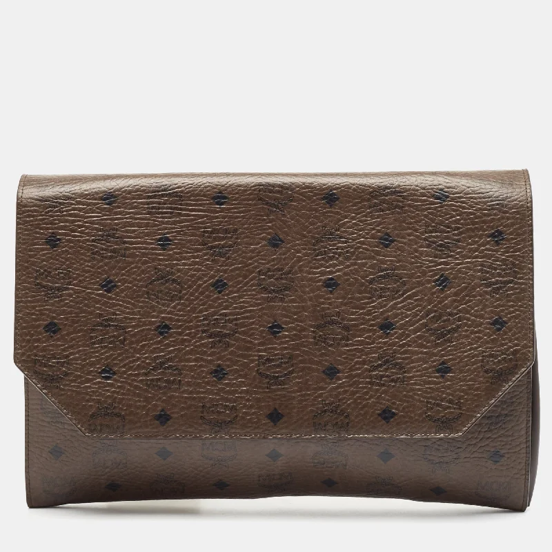 Mcm Dark Brown Visetos Coated Canvas And Leather Envelope Clutch