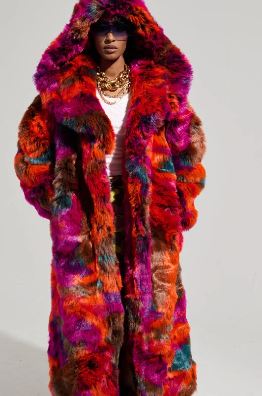 UPSETTER MAXI FAUX FUR COAT IN PINK MULTI